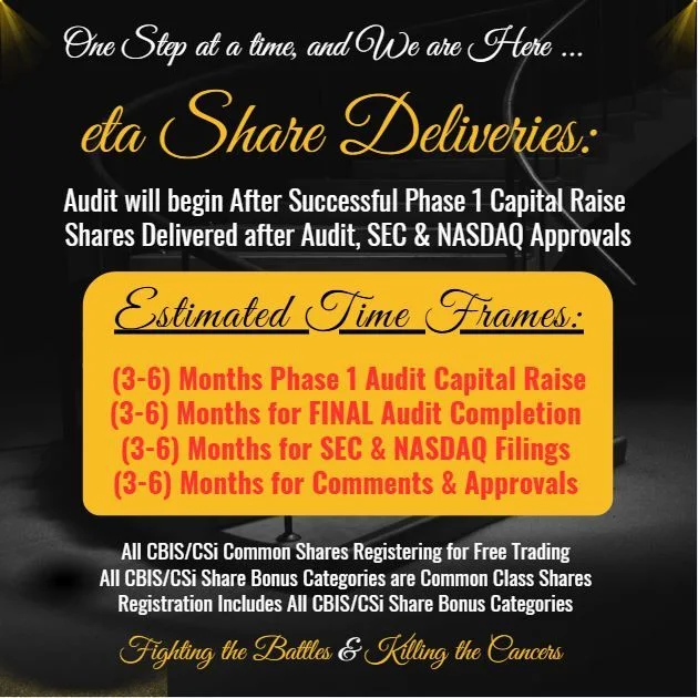 Thanks for following up Guys! Two things to Remember.*** One, this is our in-house audit confirmation records for our Financials. We will sign-off on our in-house records, complete our Financials, and send the Financials to the Auditors. *** Two, our “CSi-VIP Shareholder Legacy Reports” that we send out to our CSi-VIPs include ALL your holdings in the Company line by line. However, for those not becoming a CSi-VIP this requires much more time to complete. We are trusting your initial information to be accurate, CBIS GIFT Shares recipients will have their shareholding records matched and sent in for your CBIS-Gift Shares, and then they will be confirmed, and matched through the Audit process as well, so we are good.When the Auditors begin their Audit of our Financials they will confirm random information from our shareholders, brokers, and the transfer agent. I doubt the Auditors will call or email everyone, due to the large numbers, but they will do their random checks.  So yes, please do email your information to audit@cannabisscience.com so all the records are in one spot for the Financials. If you do nothing we will just go with the records we have on file. So, for your peace of mind please send another email to confirm, if it bothers you too much, don't do it. We are confirming everything in -house three times or more from each time we asked you to send it in. It seems we get more shareholders showing up each time we ask, which is great.So Again, no one needs to purchase anything extra "if you do not want" all the Original CBIS Shares as well as ALL the “CSi-VIP Bonus Shares”, “CSi-Award Shares” and “CBIS-GIFT Shares” will be included in the Financials and Registration Statement to become free trading with the new trading symbol. They are ALL Common Class Shares the same as the Original CBIS Shares so the final list will be derived from all the past shareholder records on file with the brokerage firms, the transfer agent, and Company in-house records combined.While we are confirming we have allowed shareholders to acquire their CSi-VIP Status, their GIFT-Shares, and CSi-VIP Bonus Shares to increase their shareholder holdings, smart move Guys! and Congrats! We have been quite busy working in an order of Priority, so we are behind with the CSi-VIP Legacy Shareholder Reports, but they are certainly ALL on the books of the Company and being done in-between phone calls and progress, so ALL our CSi-VIP, CSi-Award, and CBIS GIFT Shares are on Record, so you are good.Hopefully this helps, I think it will help based on the questions I get in the appointments, this information will most likely be included in the next UPDATE Email we send out as well, so you are reading it beforehand as we try to stay ahead of the curve.All the Best Guys! and Congrats! Once again to ALL our Shareholders as we navigate through the final steps to get our shares trading again! May God Bless us all.Talk soon.Raymond - IGWT